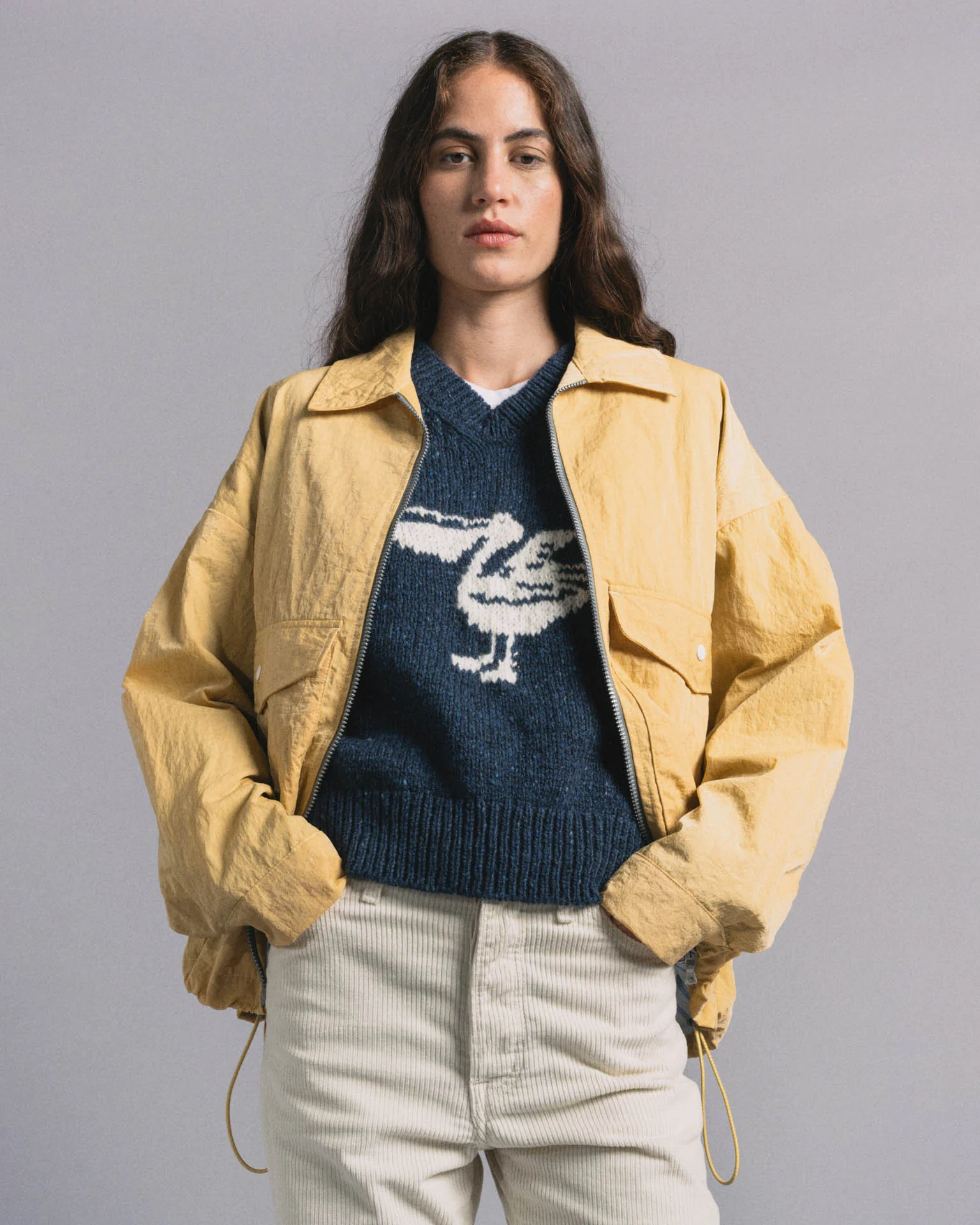 Boxy Swing Jacket For Women - Grungy Japanese Nylon Twill - Yellow (Women) - Image 3