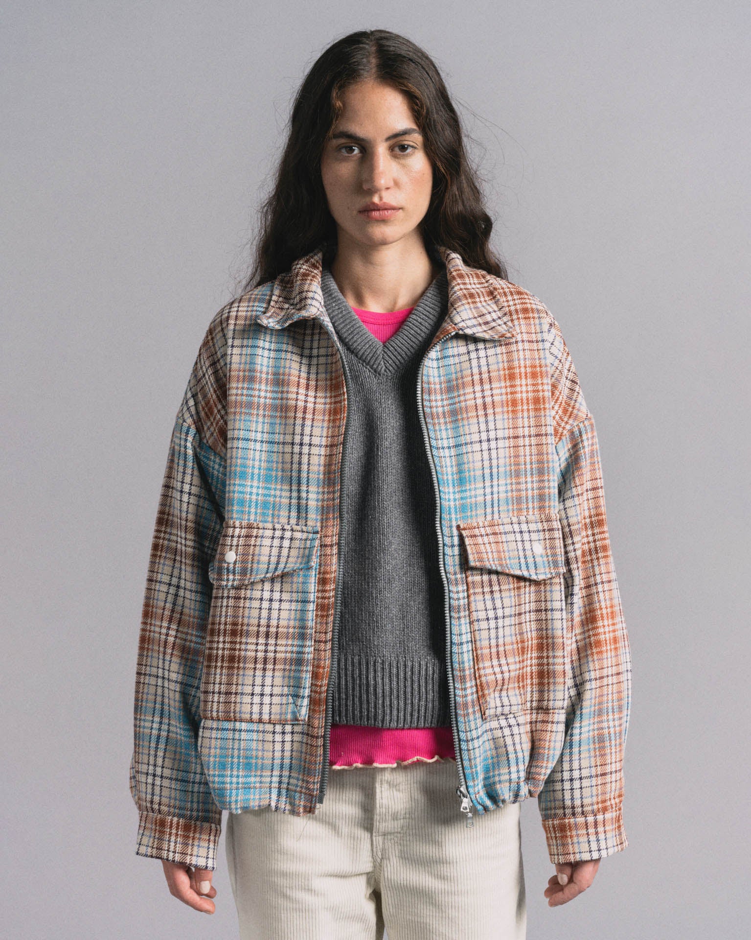 Boxy Swing Jacket For Women - Japanese Twill Check - Sand (Women) - Image 3